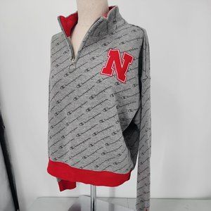 Champion Womens Nebraska Cropped Sweatshirt Size Large 1/4 Zip pullover Gray Red